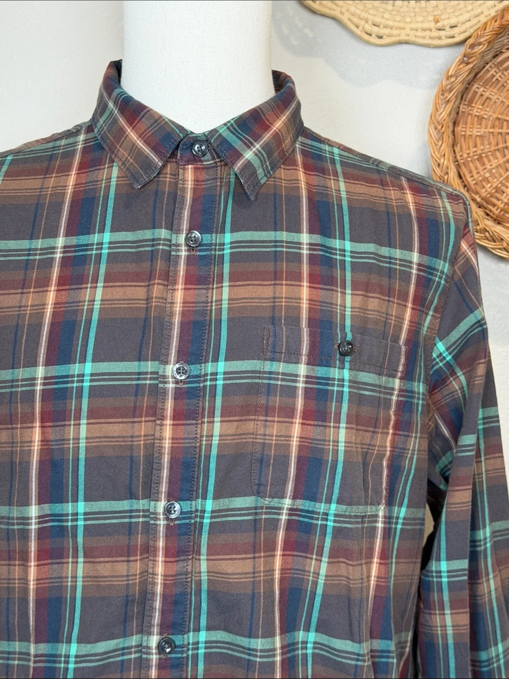 Mens The North Face Button Up Shirt Blue Brown Turquoise Plaid Size X-Large